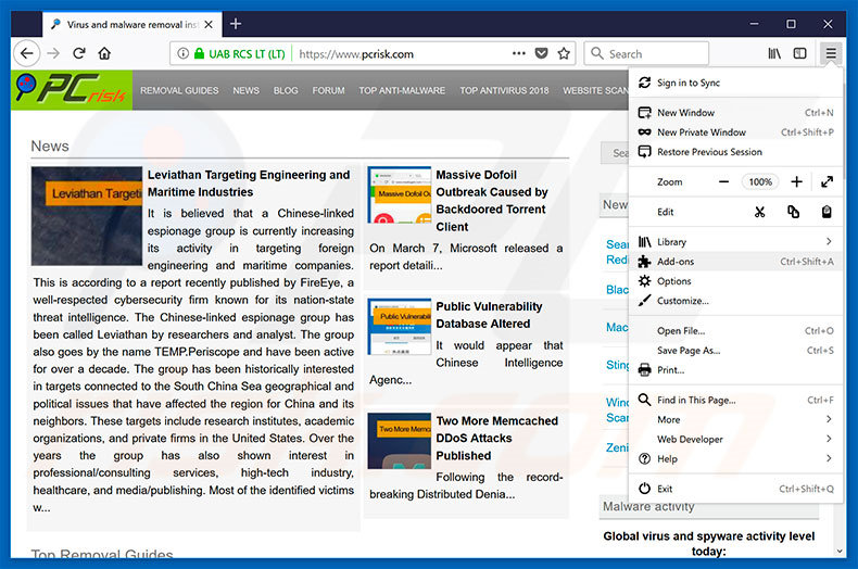 Verwijder frauduleuze extensies uit Mozilla Firefox stap 1