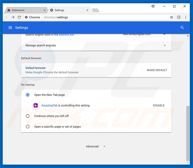 Verwijder feed.amazingtab.com als startpagina in Google Chrome