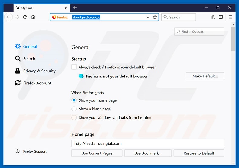 Verwijder feed.amazingtab.com als startpagina in Mozilla Firefox