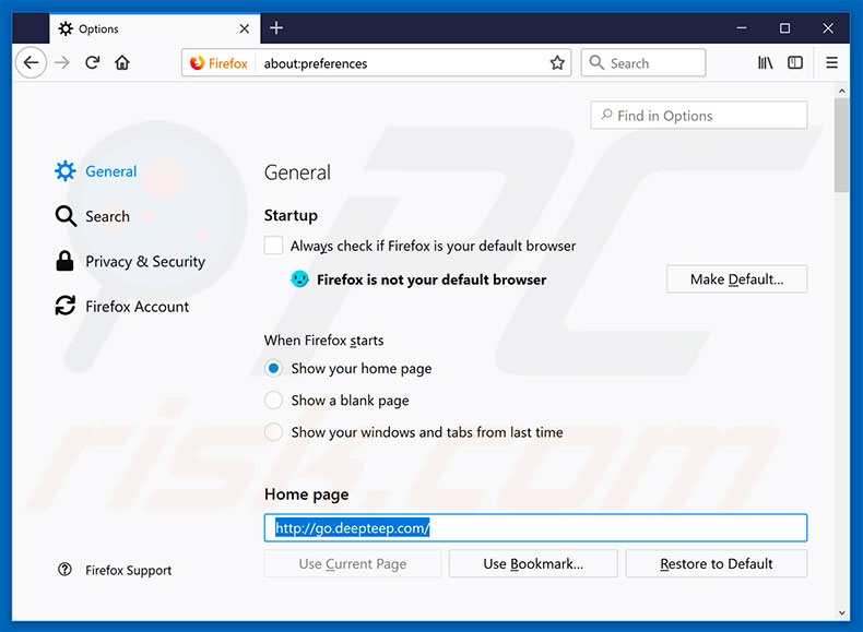 Verwijder go.deepteep.com als startpagina in Mozilla Firefox
