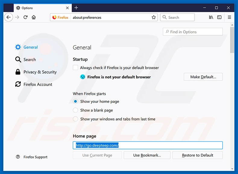 Verwijder go.deepteep.com als startpagina in Mozilla Firefox