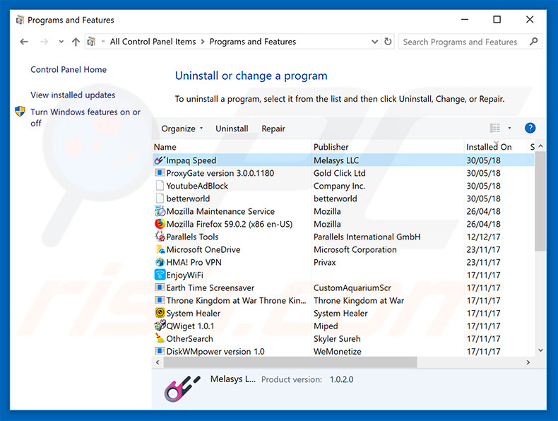 ImpaqSpeed adware verwijdering van het configuratiescherm