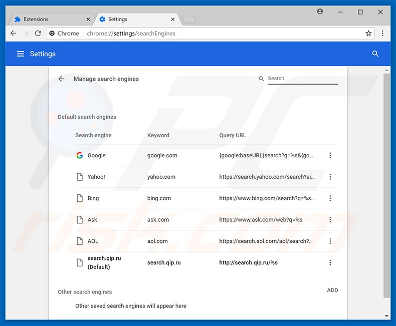 Verwijder qip.ru als standaard zoekmachine in Google Chrome