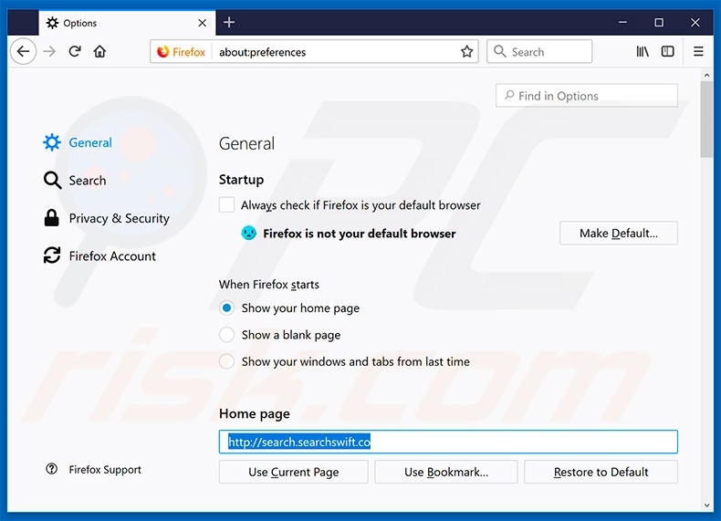 Verwijder search.searchswift.co als startpagina in Mozilla Firefox