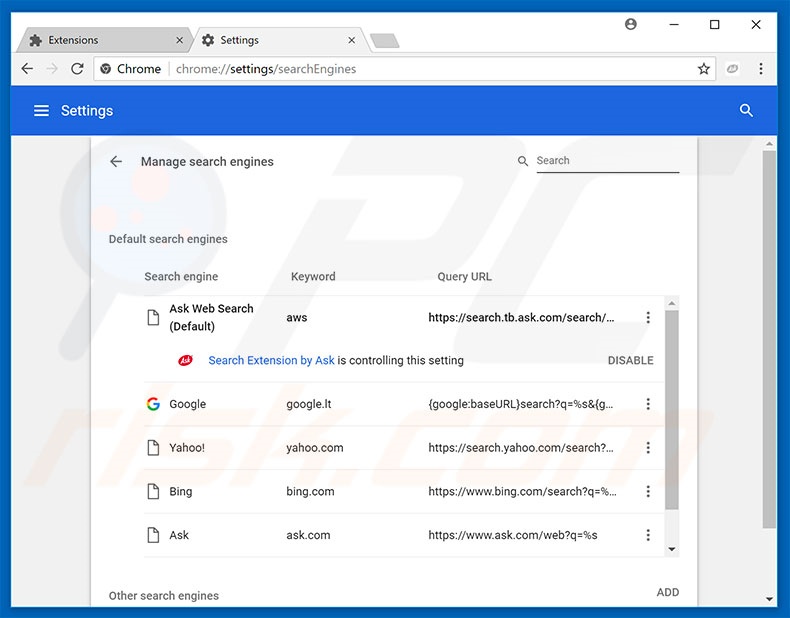 Verwijder search.tb.ask.com als Google Chrome standaard zoekmachine