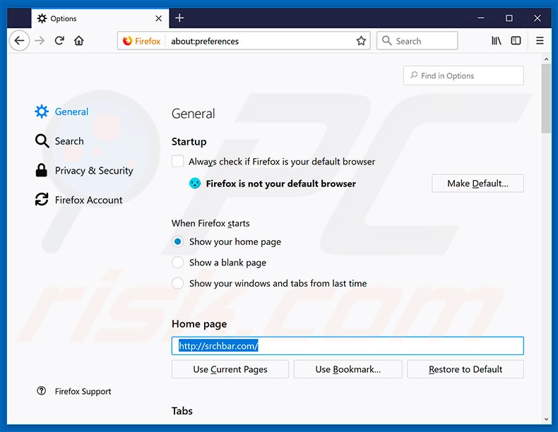 Verwijdering srchbar.com uit Mozilla Firefox startpagina