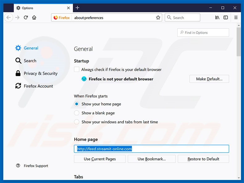 Verwijder feed.streamit-online.com als startpagina in Mozilla Firefox