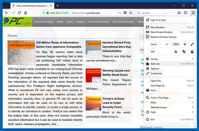 Verwijder frauduleuze extensies uit Mozilla Firefox stap 1