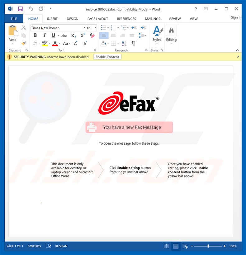 Kwaadaardige bijlage verspreid via de eFax spamcampagne
