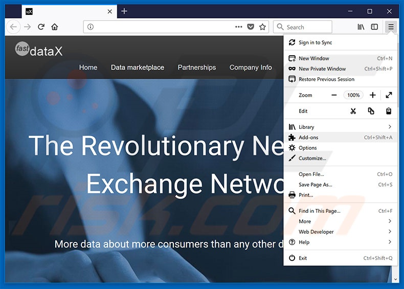 Verwijder de FastDataX advertenties uit Mozilla Firefox stap 1