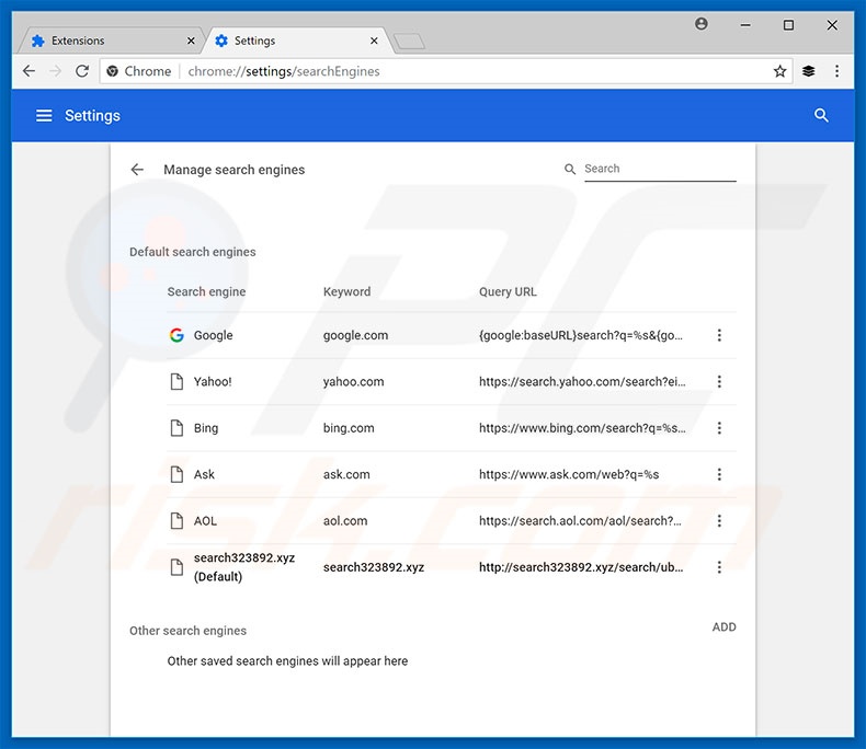 Verwijder search323892.xyz als standaard zoekmachine in Google Chrome