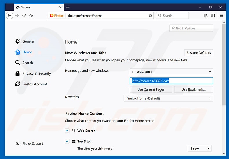 Verwijder search323892.xyz als startpagina in Mozilla Firefox