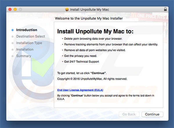 Misleidende installer die wordt gebruikt om Unpollute My Mac te verspreiden