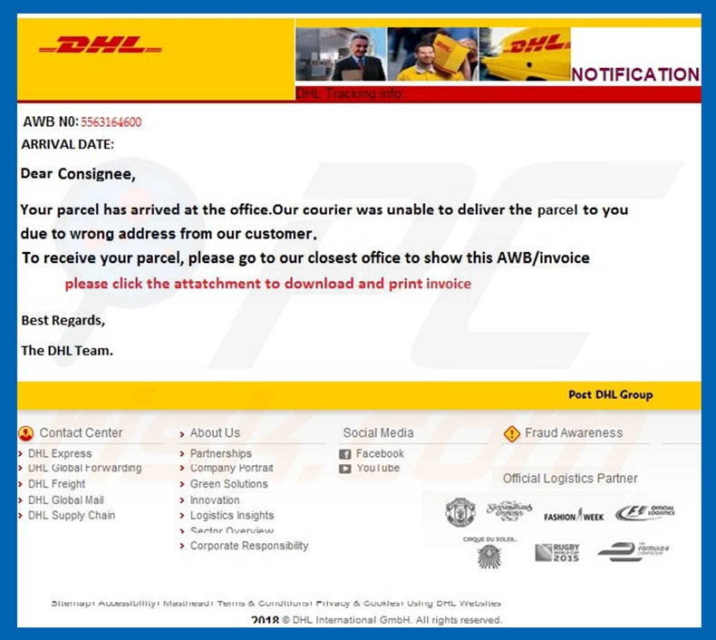 tweede voorbeeld van de DHL Email Virus tekst
