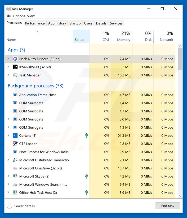 Discord Trojan in Windows Taakmanager