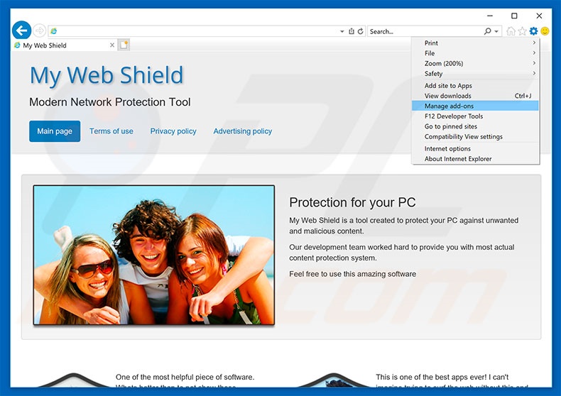 Verwijder My Web Shield advertenties uit Internet Explorer stap 1