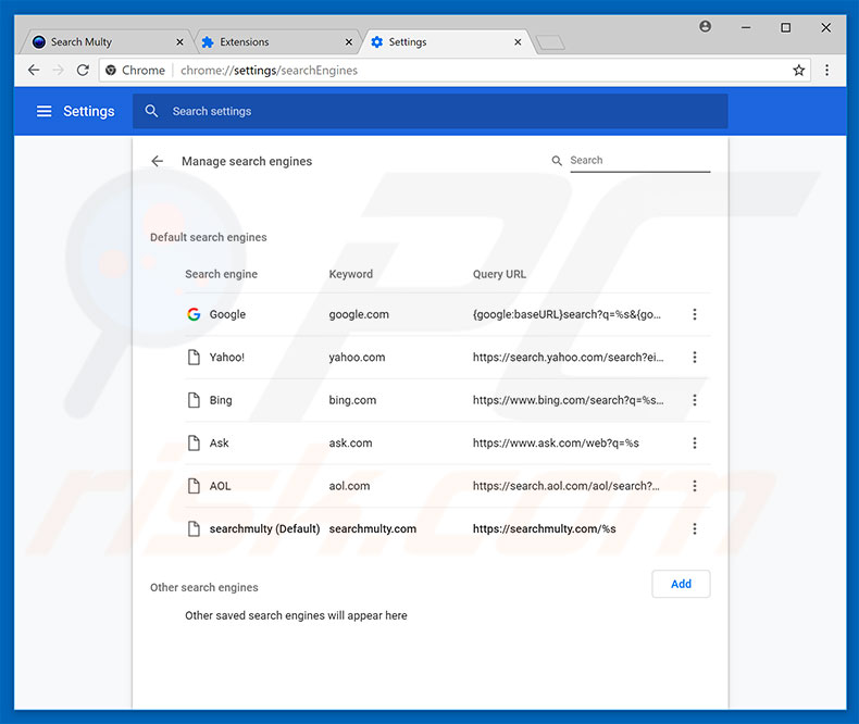 Removing searchmulty.com from Google Chrome default search engine