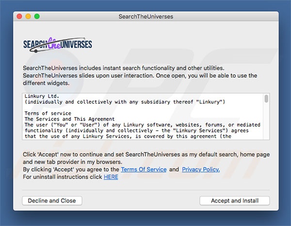 Misleidende installer die wordt gebruikt om search.searchtheuniverses.com te promoten