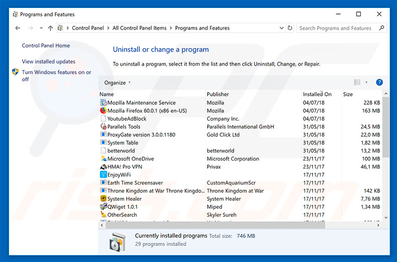 Windows Operating System Alert adware verwijderen met het configuratiescherm