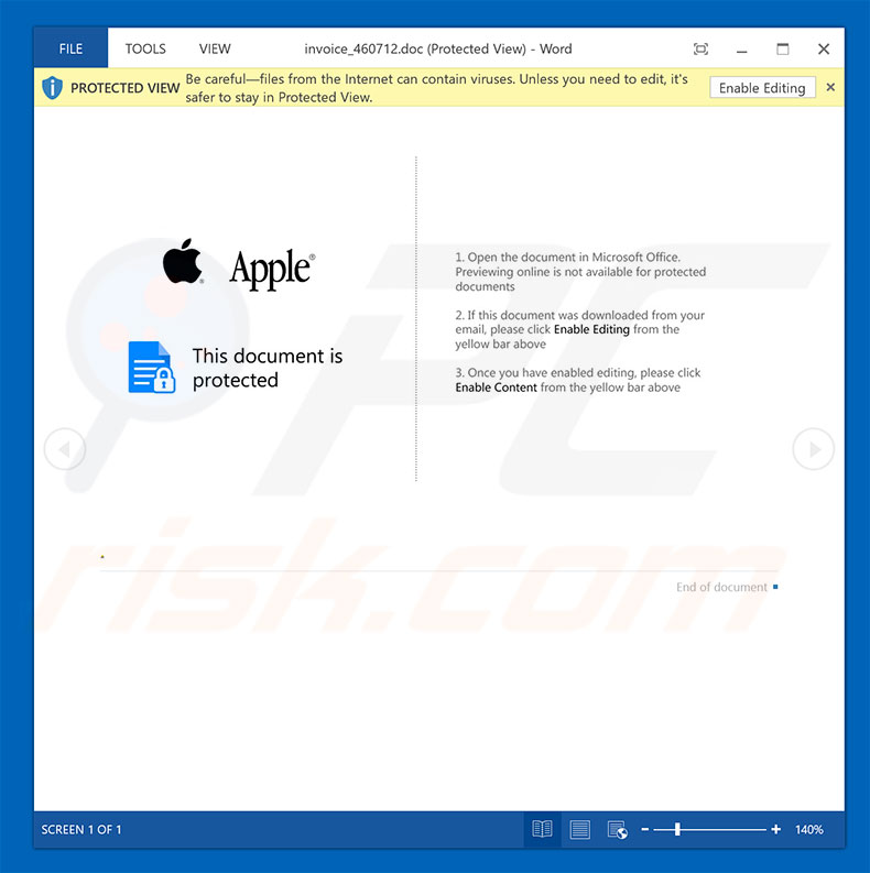 Kwaadaardige bijlage die wordt verspreid via Apple Recent Purchase e-mail virus spamcampagne