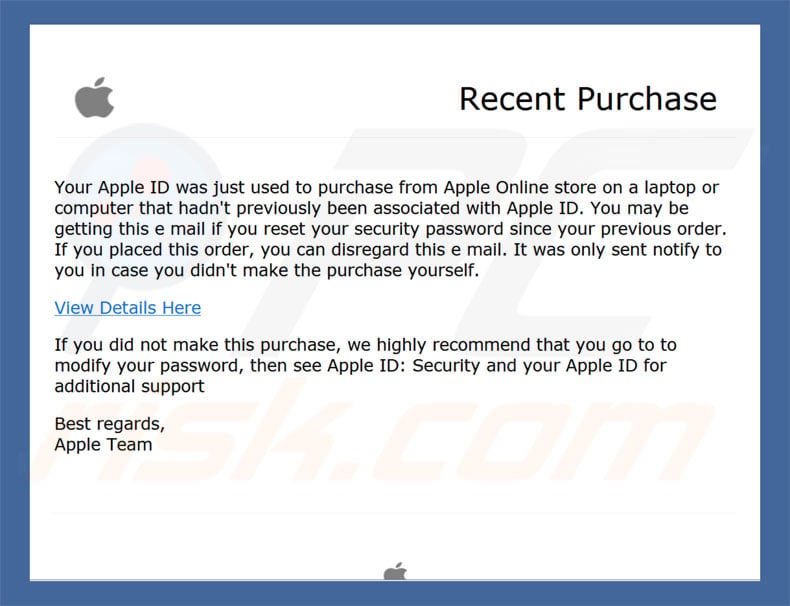 Apple Recent Purchase e-mail virus malware