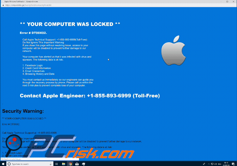 Lay-out van de Contact Apple Engineer (Error #DT00X02) oplichting (GIF)