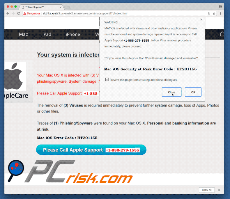 Lay-out van de Mac iOS Security At Risk Error Code: HT201155 oplichting (GIF)