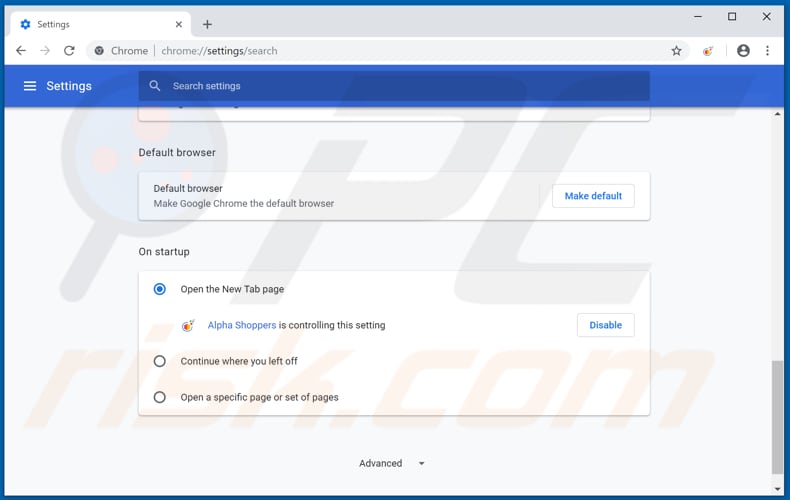 Verwijder alphashoppers.co als startpagina in Google Chrome