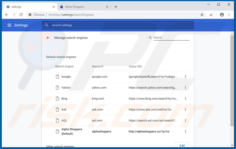 Verwijder alphashoppers.co als zoekmachine in Google Chrome