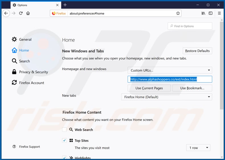 Verwijder alphashoppers.co als startpagina in Mozilla Firefox