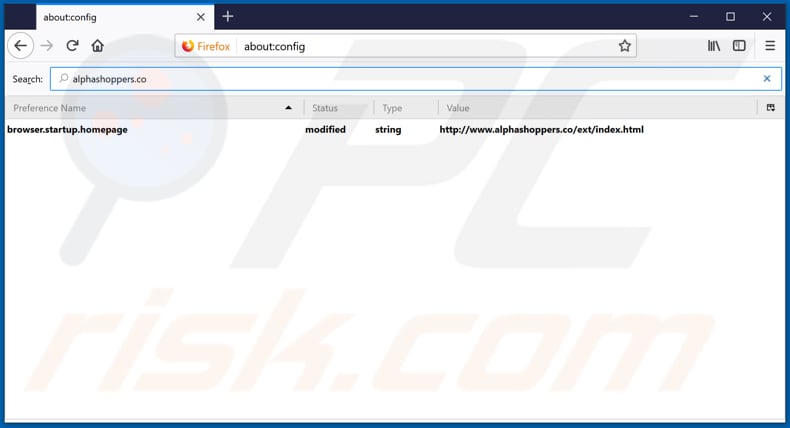 Verwijder alphashoppers.co als zoekmachine in Mozilla Firefox