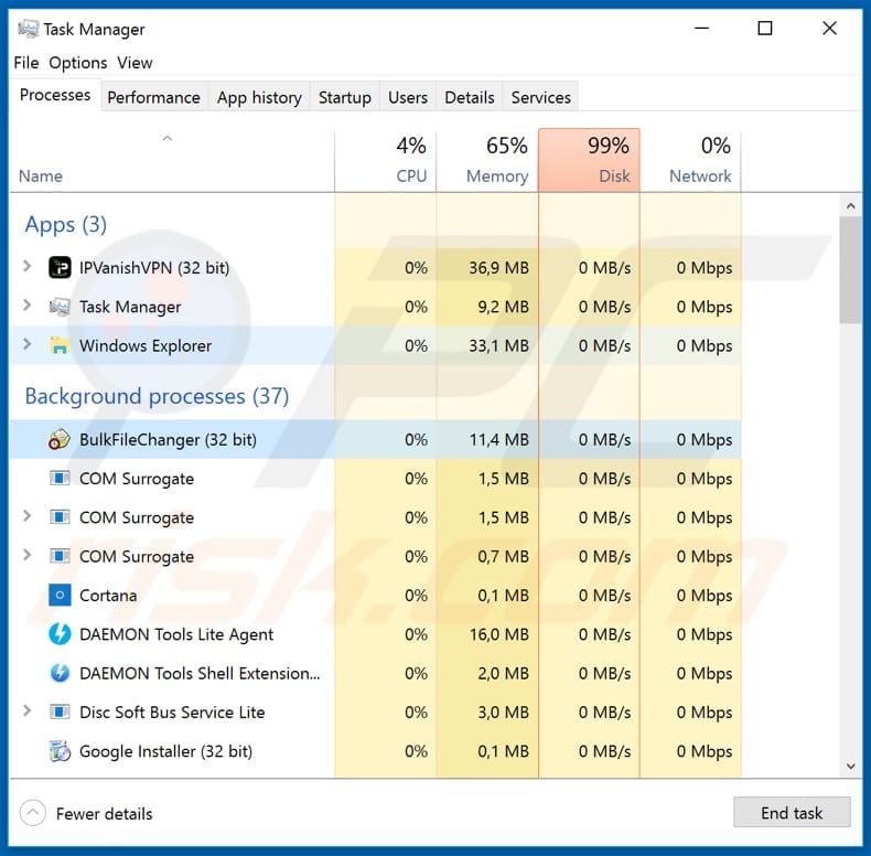 Adobe ransomware BulkFileChanger proces in Taakbeheer 