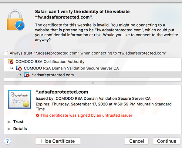 details foutmelding Safari kan de identiteit van de website fw.adsafeprotected.com niet verifiëren