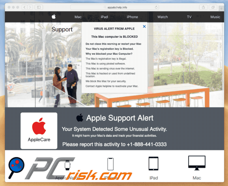 Het uiterlijk van de Apple Support Alert pop-up oplichting (vb 2)