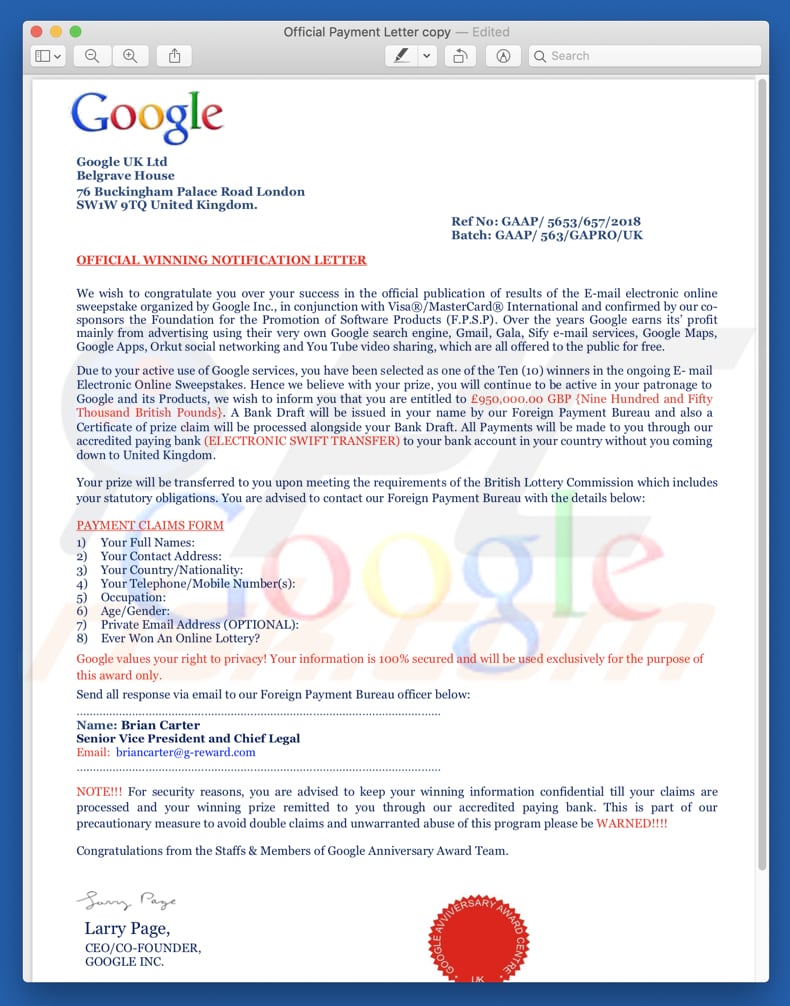 pdf file in de Google winner oplichting