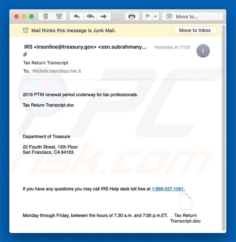 IRS Email virus spam campagne brief
