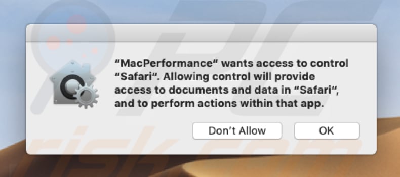 MacPerformance pop-up vraagt de toegang naar Safari te controleren