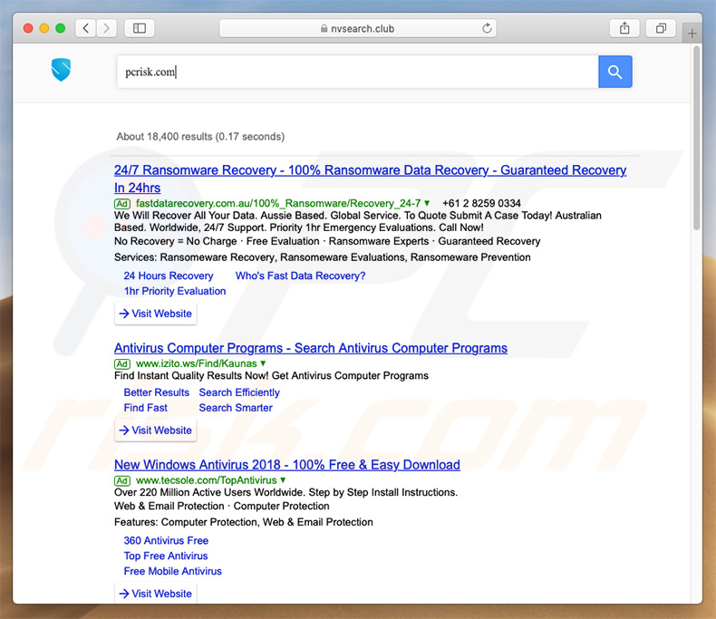 nvsearch.club browserkaper op een Mac computer