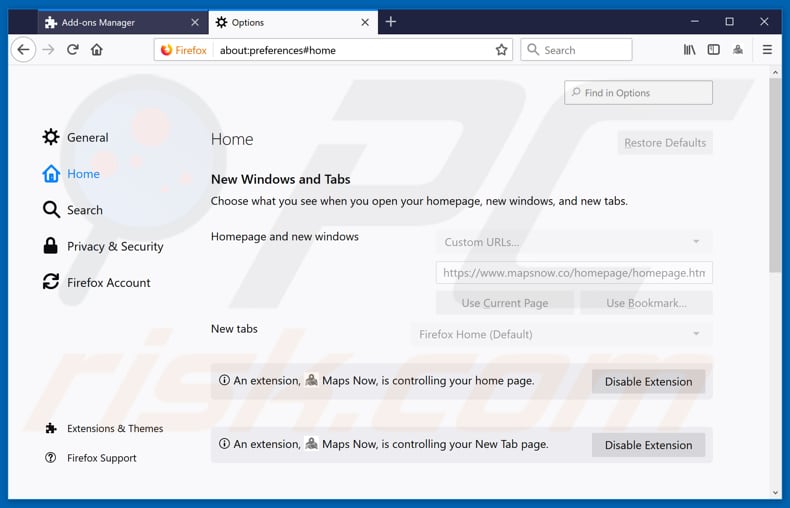 Verwijdering van mapsnow.co uit Mozilla Firefox als startpagina