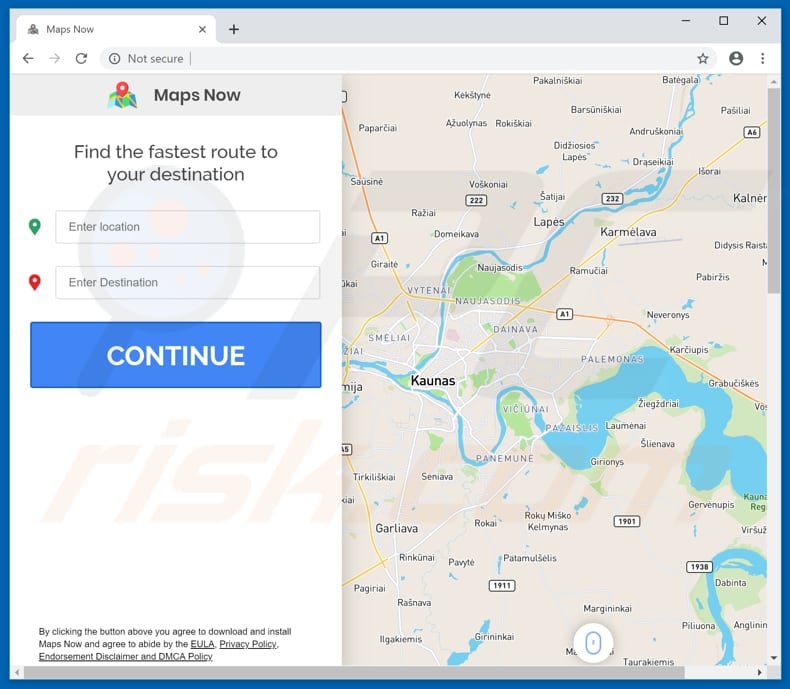 Website die de Maps Now browserkaper promoot
