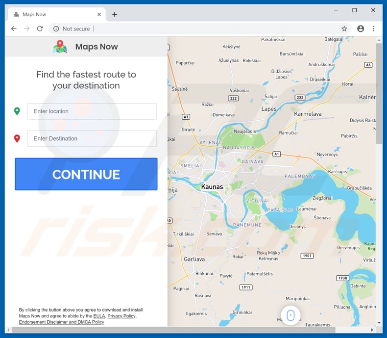 Website die de Maps Now browserkaper promoot
