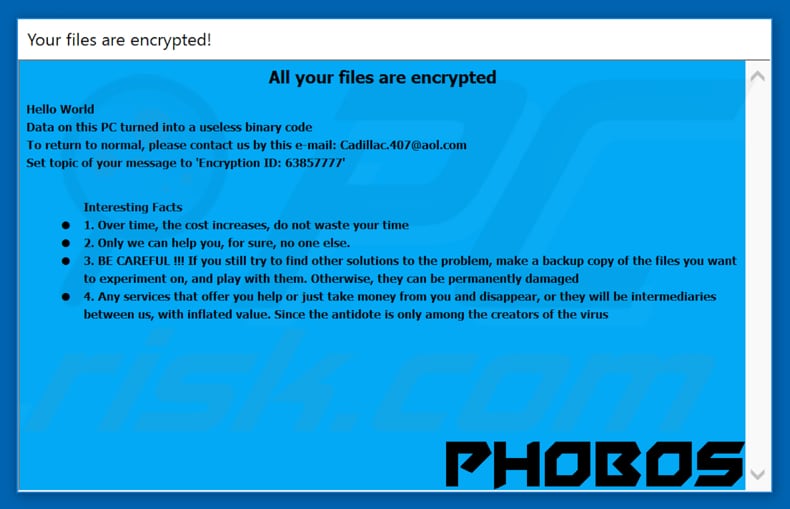 een andere variant van het Phobos ransomware pop-up venster