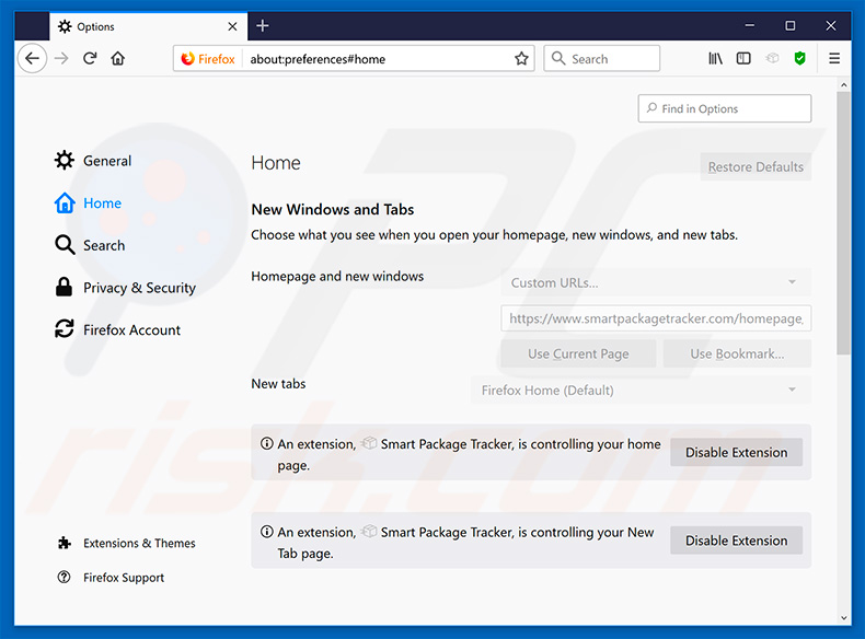 Verwijdering smartpackagetracker.com uit Mozilla Firefox startpagina