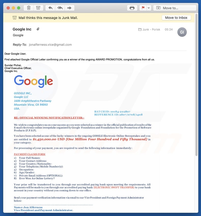 google winner oplichting email variant 2