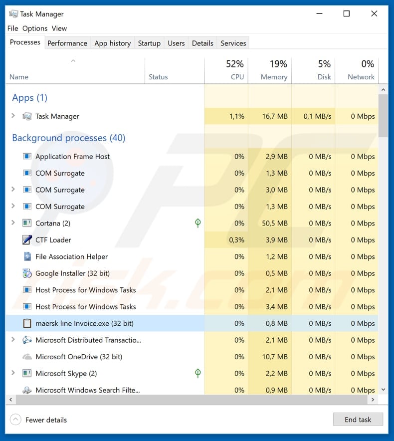 Pony proces dat draait in Task Manager met de naam maersk line Invoice.exe (32-bit)