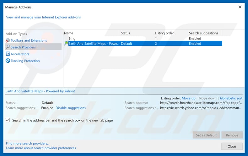 Verwijder search.hearthandsatellitemaps.com uit Internet Explorer als standaard zoekmachine