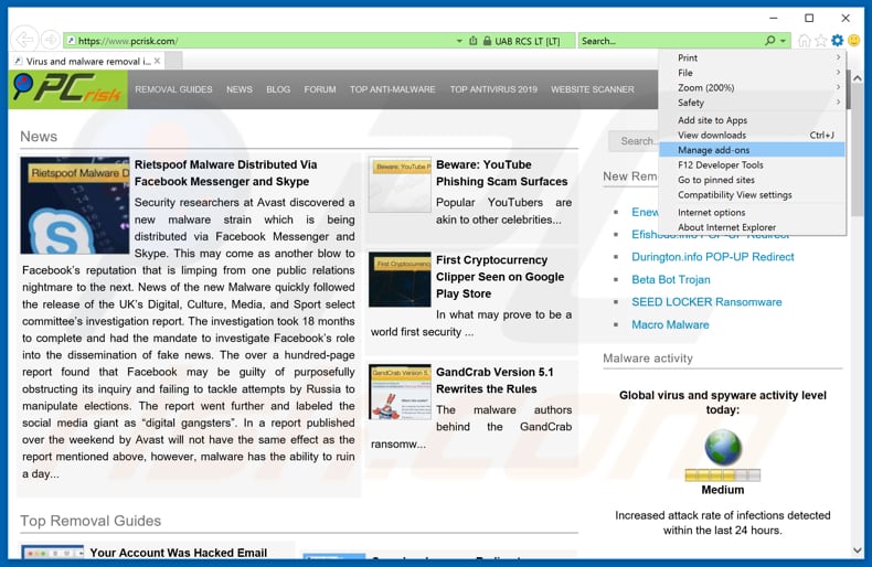 Verwijdering Kissmanga ads uit Internet Explorer stap 1