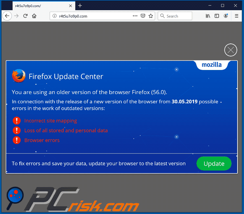 Website moedigt bezoekers aan om Mozilla Firefox webbrowser te updaten (GIF)