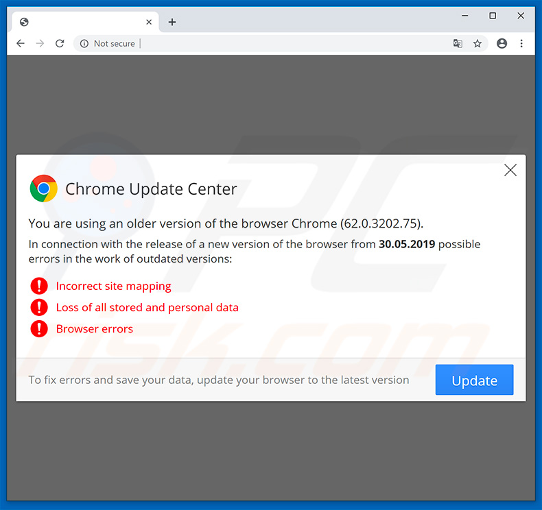 Website moedigt bezoekers aan om de Google Chrome webbrowser te updaten