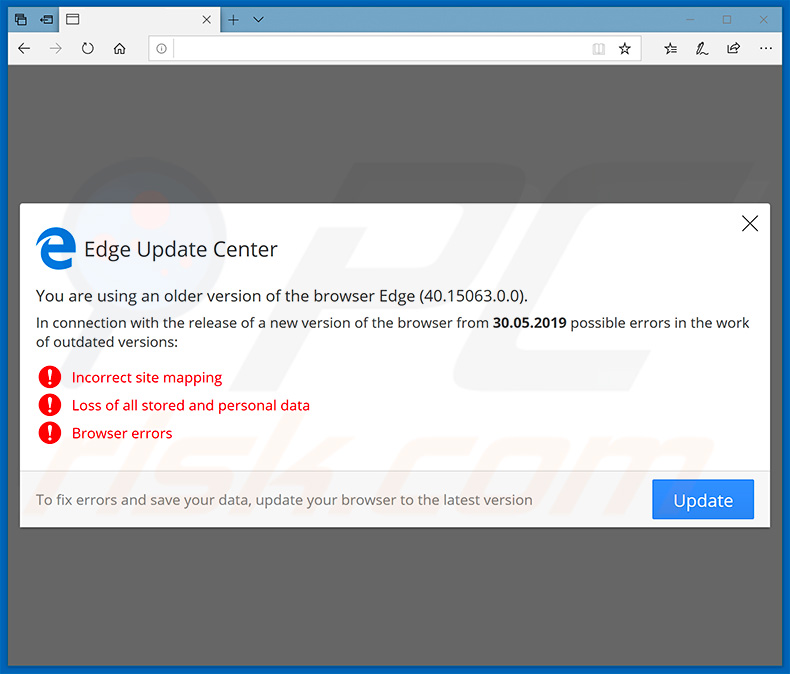 Website moedigt bezoekers aan om Microsoft Edge webbrowser te updaten